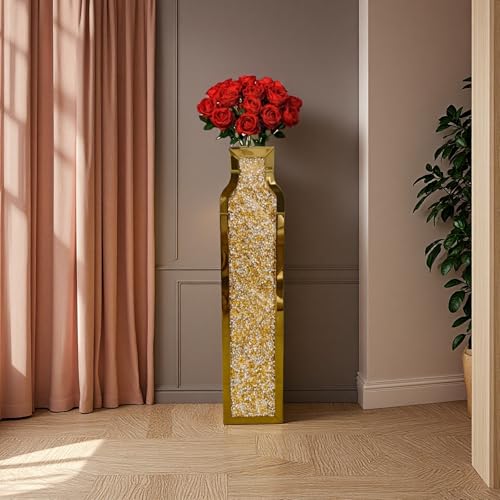 30" Tall Double Sided Crushed Diamond Vases, GoldLarge Mirrored Sliver Vase for Floor,Crystal MirrorDecorative Vase for Home,Office,Hotel (Gold, 6.8" L x 4.7" W x30 H) - color: Gold, size: 6.8" L x 4.7" W x 30" H
