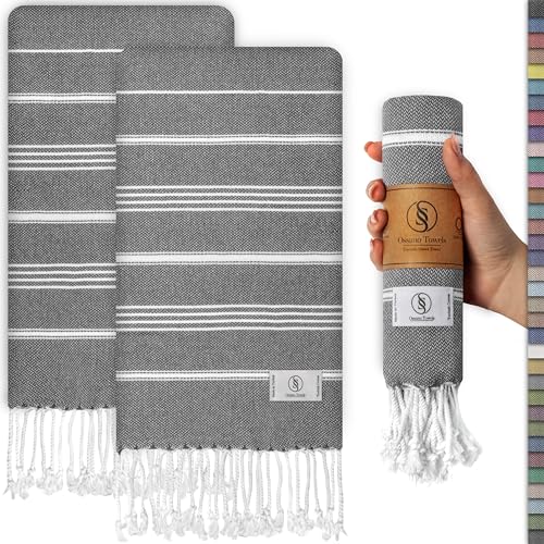 Ossano Decorative Turkish Hand Towels - Thin & Quick Dry - Set of 2 (30" x 18") - for Kitchen & Bathroom - Multifunctional as - Striped Hand Towel, Kitchen Towels, Bath Hand Towels for Bathroom, Gray - color: Gray