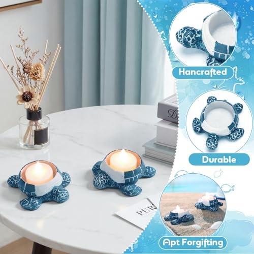 Reallnaive 2 Pcs Sea Turtle Tealight Candle Holder for Beach, Ocean Ceramic Turtle Candle Holder, Rustic Nautical Coastal Table Decor for Beach Bar Home Kitchen Housewarming Decor Gifts