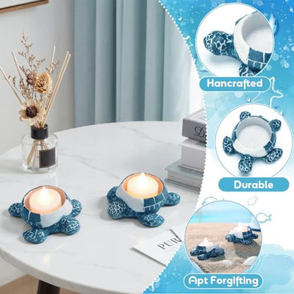 Reallnaive 2 Pcs Sea Turtle Tealight Candle Holder for Beach, Ocean Ceramic Turtle Candle Holder, Rustic Nautical Coastal Table Decor for Beach Bar Home Kitchen Housewarming Decor Gifts