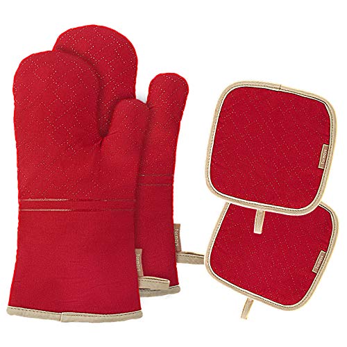4Pcs Oven Mitts and Pot Holders Set, 572F Heat Resistant Oven Glove, Soft Cotton Lining with Non-Slip Surface for Kitchen Baking BBQ (Red) - color: Red