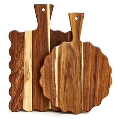 2Pcs Acacia Wood Scalloped Cutting Board with Handle Wooden Chopping Board Decorative Cutting Boards for Kitchen Decor Charcuterie Boards Serving Tray for Cheese Bread Pizza Fruit Meat