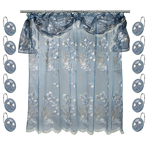 Zahari Home 13pc Capri Bathroom Sheer Shower Curtain Sets & 12 Hooks - Modern Classic Luxury Contemporary Decor Blue Shower Curtain Stylish Bath Sets - color: Capri, style: Shower Curtain and 12 Shower Hooks