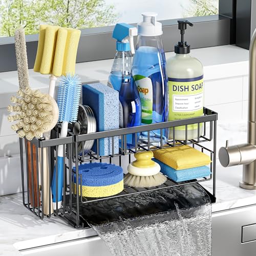 Cisily 2-Tier Kitchen Sink Caddy Organzier Rack with Dish Brush Sponge Holder | Kitchen Sink Countertop Organization Storage,Home Decor Accessories Essentials Stainless Steel - color: Black