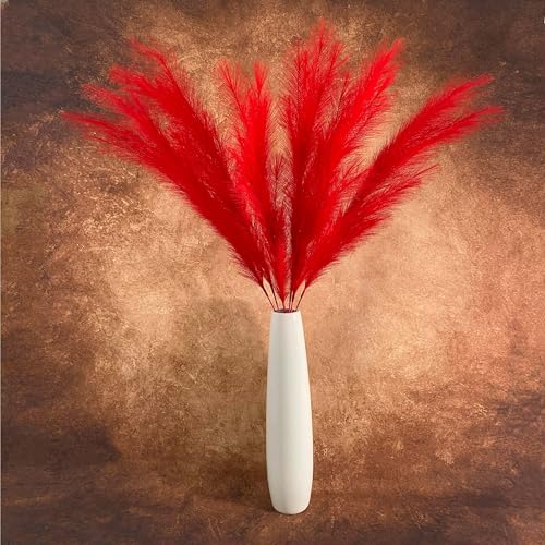 Artificial Faux Pampas Grass Large, 47"/120cm Bundle of 3 Fake Artificial Pampas Grass Decor Tall Fluffy Stems, Floor Vase Filler for Living Room Kitchen Decor Boho Decor Wedding - Red - color: Red, size: 120cm / 3 Pcs