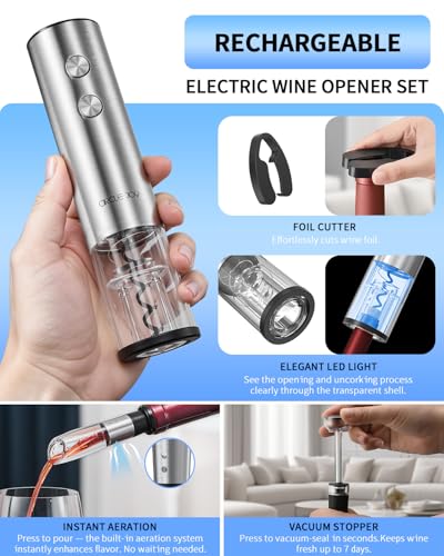 CIRCLE JOY Electric Wine Opener Stainless Steel Rechargeable Automatic Wine Bottle Opener Set 7-in-1 Wine Gifts for Wine Lovers with Charging Base, Foil Cutter, Wine Aerator Pourer & 2 Vacuum Stoppers - color: 7-in-1 Silver