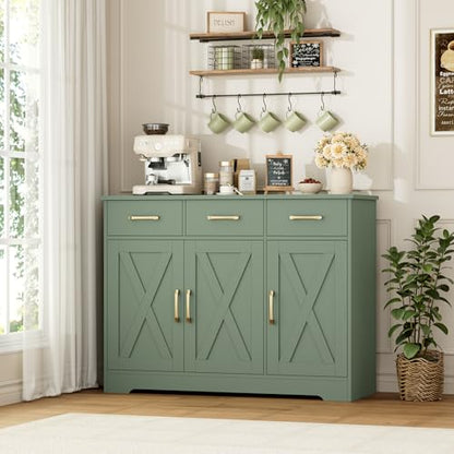 HOSTACK Kitchen Buffet Cabinet with Storage, Sideboard Coffee Bar, Green | Farmhouse Kitchen Storage Cabinet with 3 Drawers & Adjustable Shelf, 42.5"W Buffet Table for Dining Living Room - color: Green