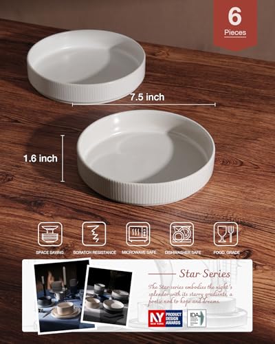 famiware Star 7.5" Pasta Bowls Set of 6, Plate Bowls, Matte White | Double Reactive Glaze, Microwave & Dishwasher Safe, Lead-free and Cadmium-free, Stoneware Scratch Resistant, Kitchen Bowls - color: White - Full Glaze Matte, size: 6 pcs