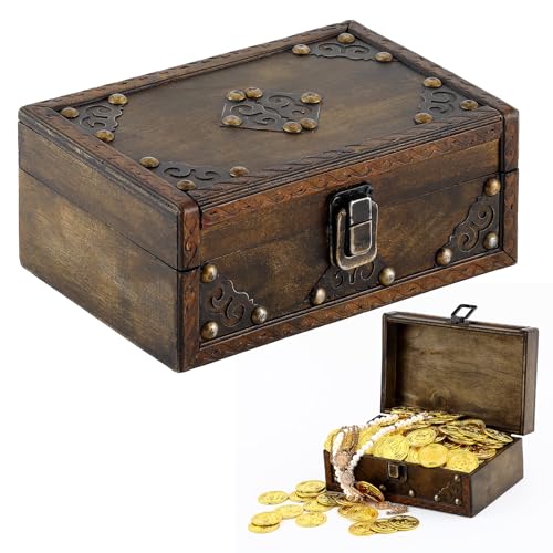 Wooden Treasure Chest 7" x 5" x 3" Vintage Pirate Chest Keepsake Box with Hinged Lid for Jewelry Storage Coins Trinkets Rustic Decorative Box for Table Home Decor