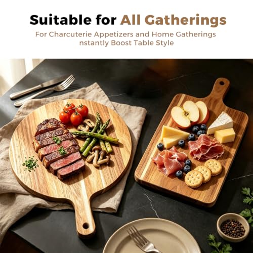 2 Pcs Acacia Wood Cutting Board Set with Handle, Round & Rectangular Wooden Cutting Boards, Charcuterie Board, Chopping Board Set with Hanging Design, Serving Tray for Cheese Meat Pizza