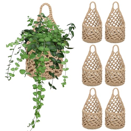 Foxtell 6 Pack Macrame Plant Hangers, 9.4” x 5.1” Cotton Wall Hanging Plant Baskets, Boho Woven Hanging Storage Flower Baskets for Indoor Outdoor Plants, Herbs & Home Decor