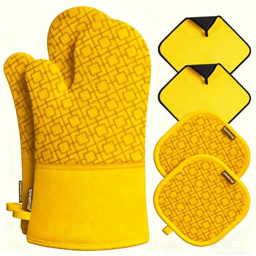 Oven Mitts and Pot Holders Sets 6pcs, Kitchen Oven Glove,High Heat Resistant 550 Degree Extra Long Oven Mitts and Potholders with Non-Slip Silicone Surface for Home Essentials (Grey) (Yellow) - color: Yellow
