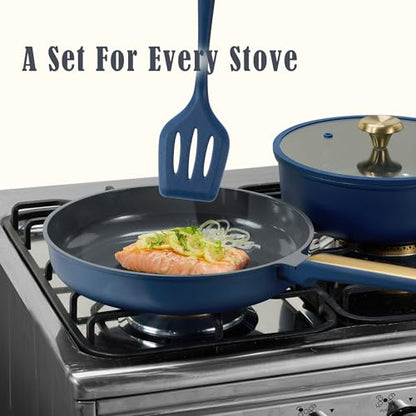 CAROTE Ceramic Cookwar Set, Pots and Pan Set Non Stick 18 Piece, Cookware Set Kitchen Cooking Set Non Toxic, PFAS PTFE Free, Blue