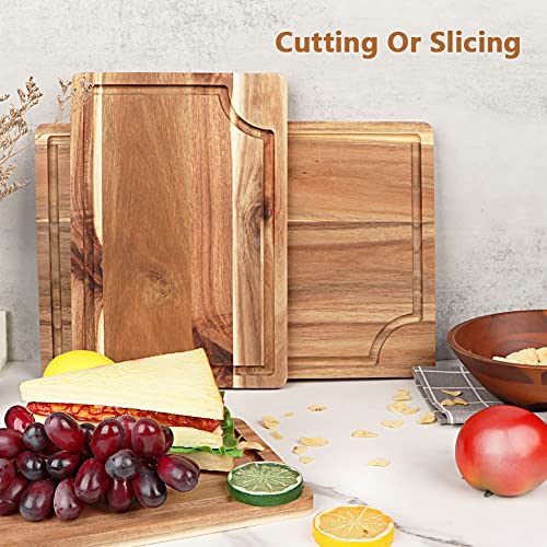 Acacia Wood Cutting Board Set with Juice Groove (3 Pieces), Organic Wooden Cutting Boards for kitchen, Butcher Block Cutting Board for Meat, Vegetable, Wooden Chopping Board 15x10, 12x8, 9x6 inch - color: Light Brown