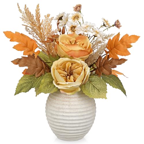 Artificial Fall Floral Centerpiece with Vase, Fake Flowers for Autumn Table Decorations, Silk Rose & Maple Leaves Arrangement, Rustic Cement Vase Harvest Decor for Dining Table, Kitchen, Living Room - color: Yellow-cement Vase