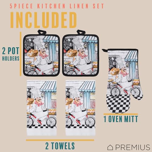 5 Piece Baking Chef Printed Kitchen Linen Set, 2 Cotton Towels, 2 Potholders, 1 Oven Mitt with Hanging Loop, 100% Cotton Material on Front & Polyester Backing, Perfect Kitchen Accessory - color: Baking Chef