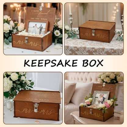 Mr and Mrs Wedding Keepsake Box Large Wooden Storage Box with Lid and Lock | Assembled Keepsake Memory Box, Anniversary Engagement Gift, Exquisitely Carved Exterior, Quick Assembly, Large Capacity