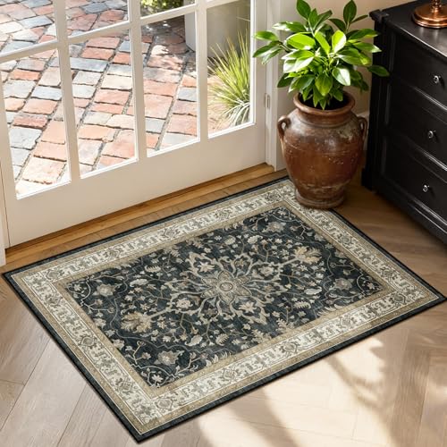 RELEANY Washable Vacuum-Friendly Area Rugs 2'x3' Black/Vintage | Low Pile Stain-Resistant, Soft Non-Slip, Floral Vintage Distress Print Pattern Medallion, for Living Room Bedroom Hallway - color: Black/Vintage, size: 2' x 3' (Rectangular)