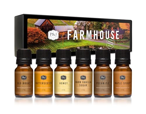 P&J Fragrance Oil Farmhouse Set | Old Books, Butterscotch, Honey, Warm Vanilla Sugar, Pecan Pie, Maple Syrup Candle Scents for Candle Making, Freshie Scents, Soap Making Supplies - size: 0.34 Fl Oz (Pack of 6)
