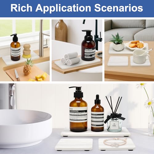 4 Pcs Water Absorbent Stone Dry Tray for Bathroom Sink Kitchen Counter Tray | Diatomite Stone Quick Drying Diatomaceous Earth Mat Soap Dispenser Dish Sponge Holder Ceramic Marble Bathroom Vanity Trays - color: Marble Light Gray