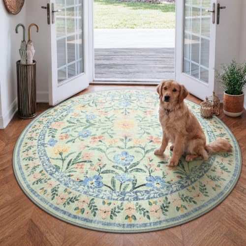 Wonnitar Washable Round Area Rug, 5ft Green Floral Round Rug Boho Soft Circle Carpet, Non Slip Low Pile Circle Accent Carpets for Kitchen Living Room Entryway Bedroom - color: Green, size: 5' (Round)