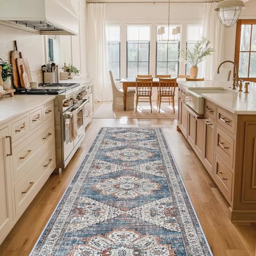Washable Kitchen Runner Rug 2'6''x12' - Non-Slip Hallway Entryway Rugs with Rubber Backing Soft Thin Carpet for Bathroom Vintage Stain Resistant Indoor Home Decor Mat for Bedroom (Blue, 2'6'' x 12') - color: Blue, size: 2'6" x 12' (Runner)