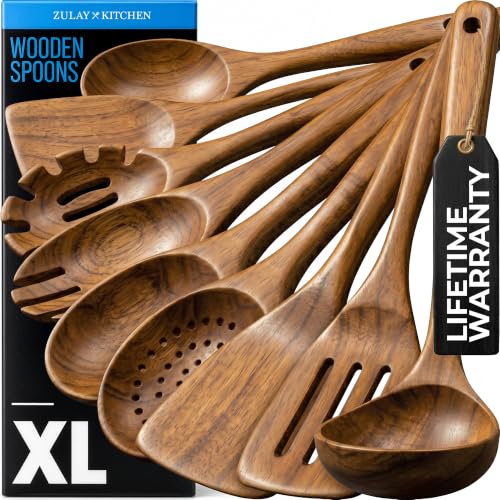 Zulay Kitchen 9-Piece Teak Wood Cooking Utensil Set – Non-Toxic & Non-Stick Safe Wooden Spoons & Kitchen Tools with Comfortable Grip, Smooth Finish Natural Teak – Perfect Kitchen Gift Set - size: 9 Piece