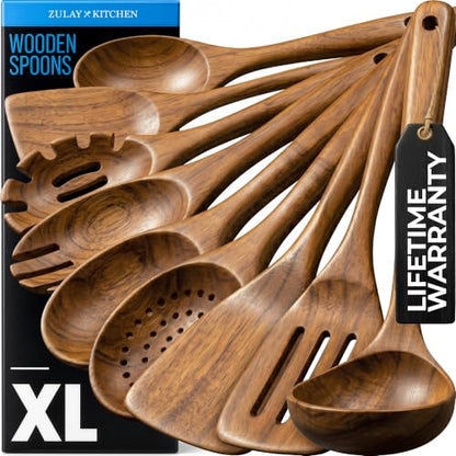 Zulay Kitchen 9-Piece Teak Wood Cooking Utensil Set – Non-Toxic & Non-Stick Safe Wooden Spoons & Kitchen Tools with Comfortable Grip, Smooth Finish Natural Teak – Perfect Kitchen Gift Set - size: 9 Piece