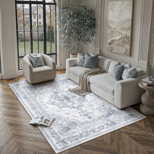 6x9 Washable Area Rug Blue Vintage Distressed Netural Carpet | Non-Slip, Non Shedding, Low Pile, Soft Durable, Medallion Indoor Rug, Small Living Room, Dining Room, Bedroom, Home Decor - color: Antique Light Blue, size: 6' x 9' (Rectangular)