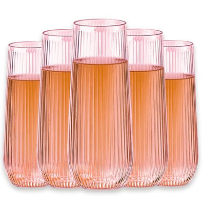 Lueumxc 48 Pack Plastic Ribbed Champagne Flutes, 9 Oz Stemless Disposable Pink Clear Plastic Toasting Glasses Shatterproof Recyclable and BPA-Free Perfect For Wedding