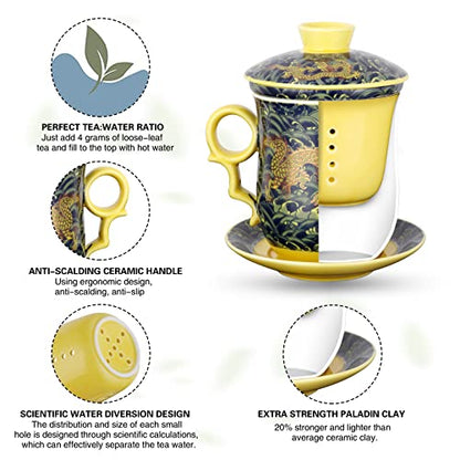 Chinese Tea Cup with Lid, Dragon Pattern, Dark Green, 11.8 fl oz (350ml) | Asian tea cup with lid, dragon pattern, removable infuser, matching saucer, for personal loose-leaf brewing - color: Dark Green