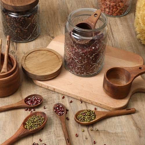 10-Piece Wooden Measuring Cups and Spoons Set, Handcrafted Acacia Wooden Measuring Cups - Solid Acacia Wood, Laser Engraved, Wood Rustic Kitchen Accessories for Baking, Cooking