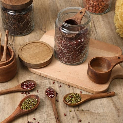 10-Piece Wooden Measuring Cups and Spoons Set, Handcrafted Acacia Wooden Measuring Cups - Solid Acacia Wood, Laser Engraved, Wood Rustic Kitchen Accessories for Baking, Cooking