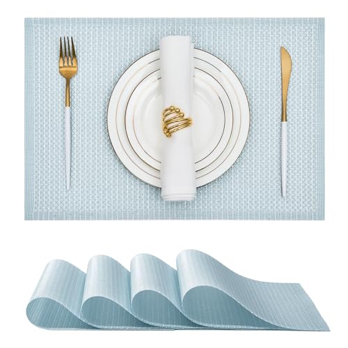 Leetaltree Woven Vinyl Placemats Set of 4, Mist Blue Sequin | Waterproof & Washable Dining Table Mats for Wedding, Anniversary, Daily Use, Hand-Cut, Easy to Clean - color: 00- Mist Blue Sequin, size: Set of 4