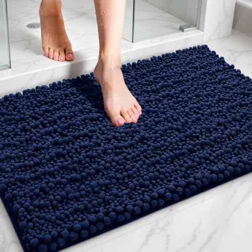 ILANGO Bathroom Rugs Navy Blue 32x20,Extra Soft Absorbent Chenille Bath Rugs,Thick Non-Slip Shaggy Bath Mat,Machine Washable Quick Dry Bath Mats for Bathroom Floor, Tub, Shower Accessories - color: Navy Blue, size: 20"×32" Bathroom Rug