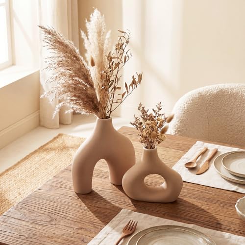Patelai Set of 2 Mid Century Modern Decor Ceramic Donut Vases, Nordic Boho Round Matte Finish Decor for Home Dining Room Living Room Office Bedroom Shelf(Brown) - color: Brown
