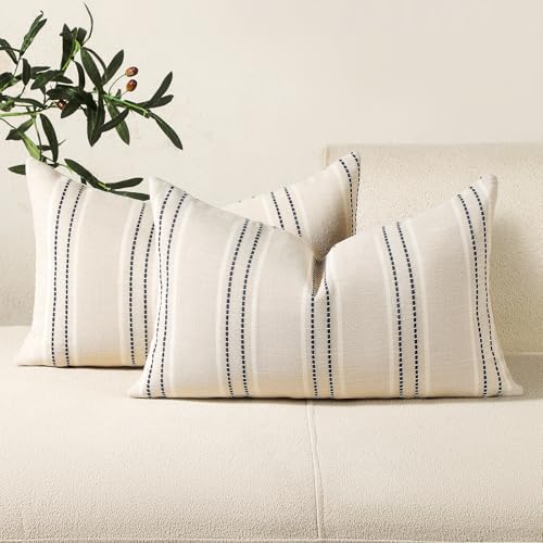 Hckot Throw Pillow Covers 12x20 Set of 2 Striped Pillow Covers Textured Linen Decorative Pillows Lumbar Cushion Covers for Sofa Couch Bed Living Room Farmhouse Decor, Navy - color: Navy Blue, size: 20" x 12" (Pack of 2)