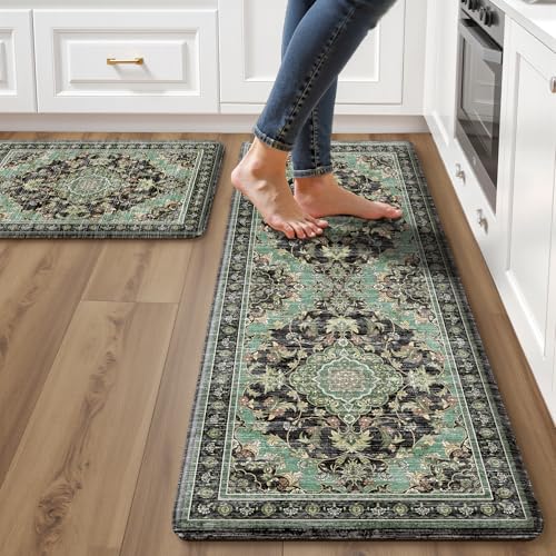 Boho Kitchen Mats for Floor 2 Piece Set Anti Fatigue Cushioned PVC Kitchen Rugs Non Slip Waterproof Farmhouse Mats 2/5 Inch Comfort Standing Mat for Sink, Laundry, 17.3"x59"+17.3"x28", Black Green - color: Black Green, size: 17.3"x28"+17.3"x59"
