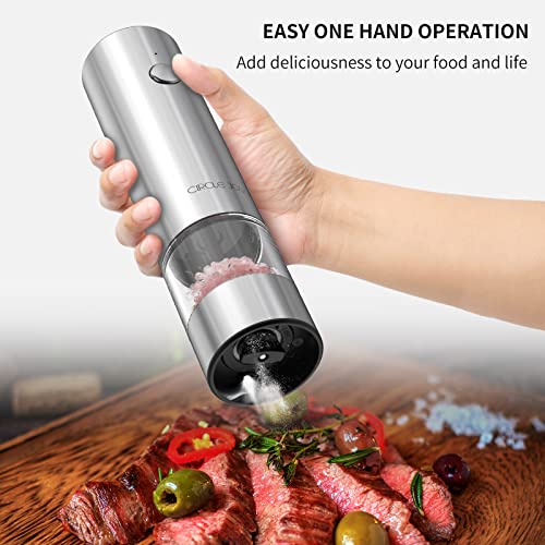 CIRCLE JOY Electric Salt and Pepper Grinder Set Stainless Steel Spice Grinder Automatic Pepper Mills with Easy-to-Carry Dual Charging Station, White Led Light, and Adjustable Coarseness, Silver - color: Upgrade Silver