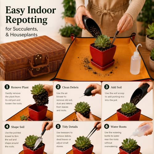 Repotting Mat and Planting Tools, Indoor Plants, Wicker Basket | All-in-one succulent repotting set, pruning shears, snap-corner mat, wicker storage, indoor gardening gift set