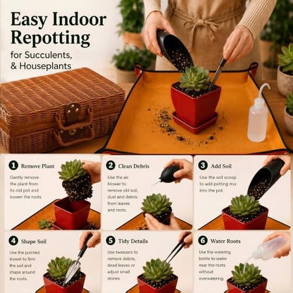 Repotting Mat and Planting Tools, Indoor Plants, Wicker Basket | All-in-one succulent repotting set, pruning shears, snap-corner mat, wicker storage, indoor gardening gift set