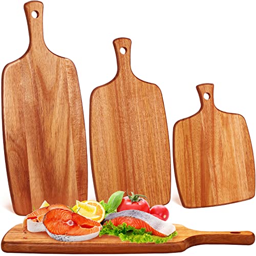 Kathfly 3 Pcs Acacia Wood Cutting Board with Handle Wooden Laser Kitchen Serving Charcuterie Board for Vegetables Meat Pizza Cheese Fruit Bread(17x7, 14x7, 10x7 Inch) - size: 17x7, 14x7, 10x7 Inch