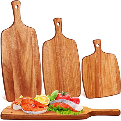 Kathfly 3 Pcs Acacia Wood Cutting Board with Handle Wooden Laser Kitchen Serving Charcuterie Board for Vegetables Meat Pizza Cheese Fruit Bread(17x7, 14x7, 10x7 Inch) - size: 17x7, 14x7, 10x7 Inch