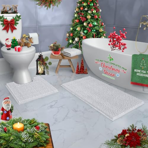 Bathroom Rugs Sets 2 Piece, Luxury Chenille Bath Mat Set, Soft Plush Anti-Slip Bath Rug + U-Shaped Toilet Mat. Microfiber Shaggy Carpet, Super Absorbent (24” x 36” & 20” x 24” U, White) - color: White, size: 2 Piece Set - Large