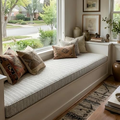 Custom Size Bench Cushion for Indoor/Outdoor Furniture, Window Seat & Bay Window Cushion, Thick 75D High-Density Foam, Scratch-Resistant Fabric, Secure Non-Slip Bottom, Black and White - color: Herringbone Weave-black and White