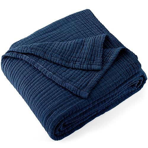 Carriediosa 100% Cotton Muslin Throw Blanket 50 x 70 Summer Gauze for Adult | 4-Layers Throw XL Throws for Bed Sofa Couch, Soft Lightweight Breathable Linen Blankets Bedspread All Season, Navy Blue - color: Navy Blue, size: Throw XL