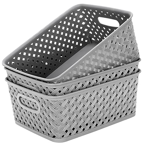 MaxGear 3 Pack Plastic Storage Baskets, Medium, Grey | Durable Woven Plastic with Built-In Handles, Suitable for Shelves, Closets, Cabinets, Bathrooms and Offices - color: Grey, size: Medium