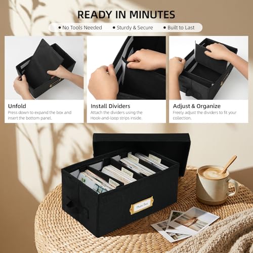 Collapsible Photo Storage Box, Adjustable Dividers - Black, 28cm | Holds 850 Photos, Hook & Loop Dividers, Handle, Label Stickers - color: Black, size: 11.22"x6.89"x5.12"