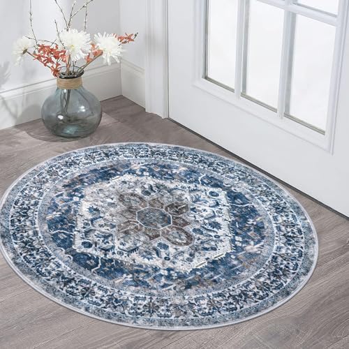 KOZYFLY Round Rug 3 Ft Rugs for Entryway Washable Circle Entrance Rug Non Slip Round Doormat Indoor Printed Faux Wool Round Front Door Mat Floor Carpet for Backdoor, Entryway, Bedroom, Blue - color: Blue/Brown/White, size: 3' (Round)
