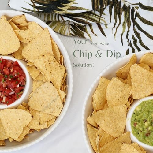 11'' Ceramic Chip and Dip Tray, Middle Size Divided Serving Set for Parties, Mixing Bowl Sets for Salsa, Snack, Veggies, Dumpling, Fruit, Salad, Fruit, Entertaining, Hosting, Ivory White